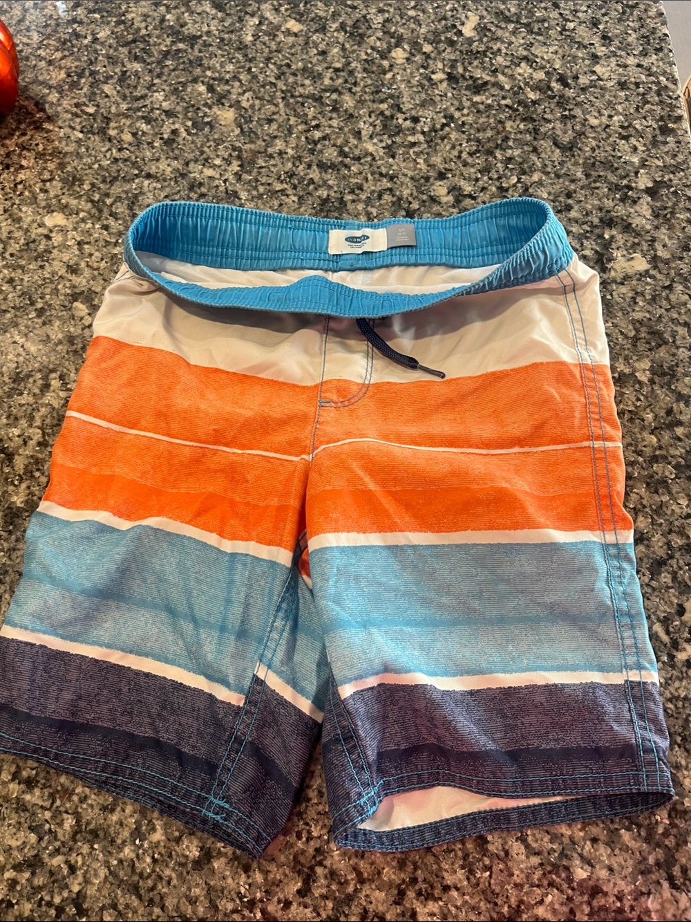 Old Navy Boys Orange, Light Blue & Navy Striped Swim Trunks